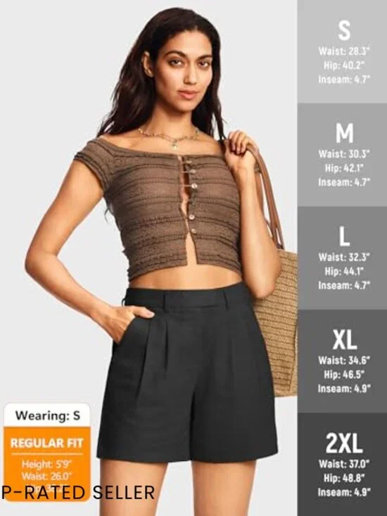 Linen-Blend Pleated Shorts Relaxed Fit Elastic Waist Elegant Business Casual - Picture 5 of 7